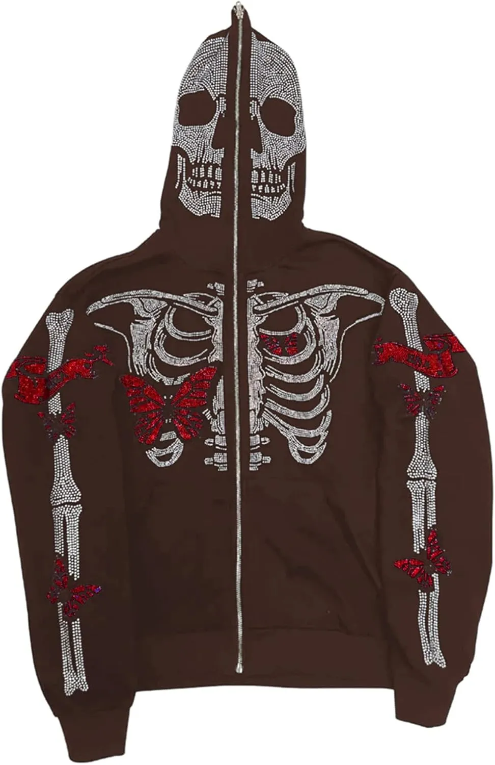 Fanvereka Men Women Over Face Rhinestone Full Zip Up Hoodie Halloween Costumes Y2k Graphic Hooded Streetwear Jacket Shirt