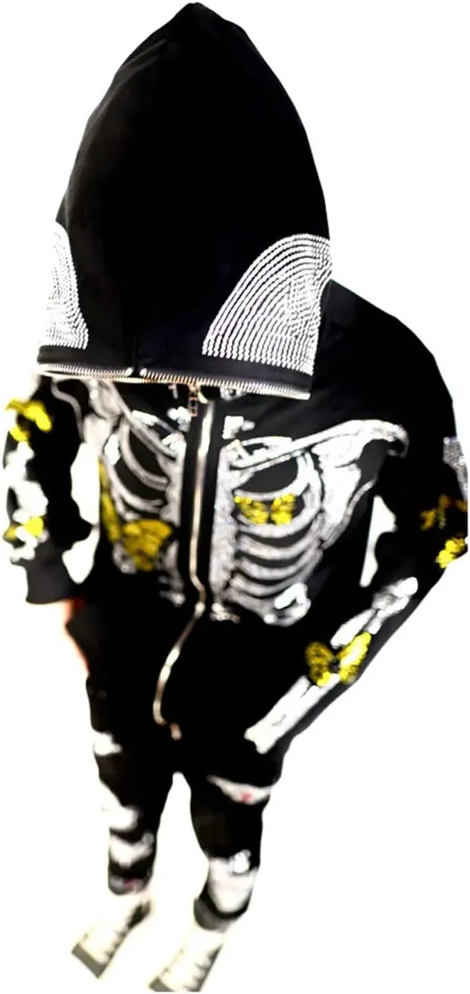 Fanvereka Men Women Over Face Rhinestone Full Zip Up Hoodie Halloween Costumes Y2k Graphic Hooded Streetwear Jacket Shirt