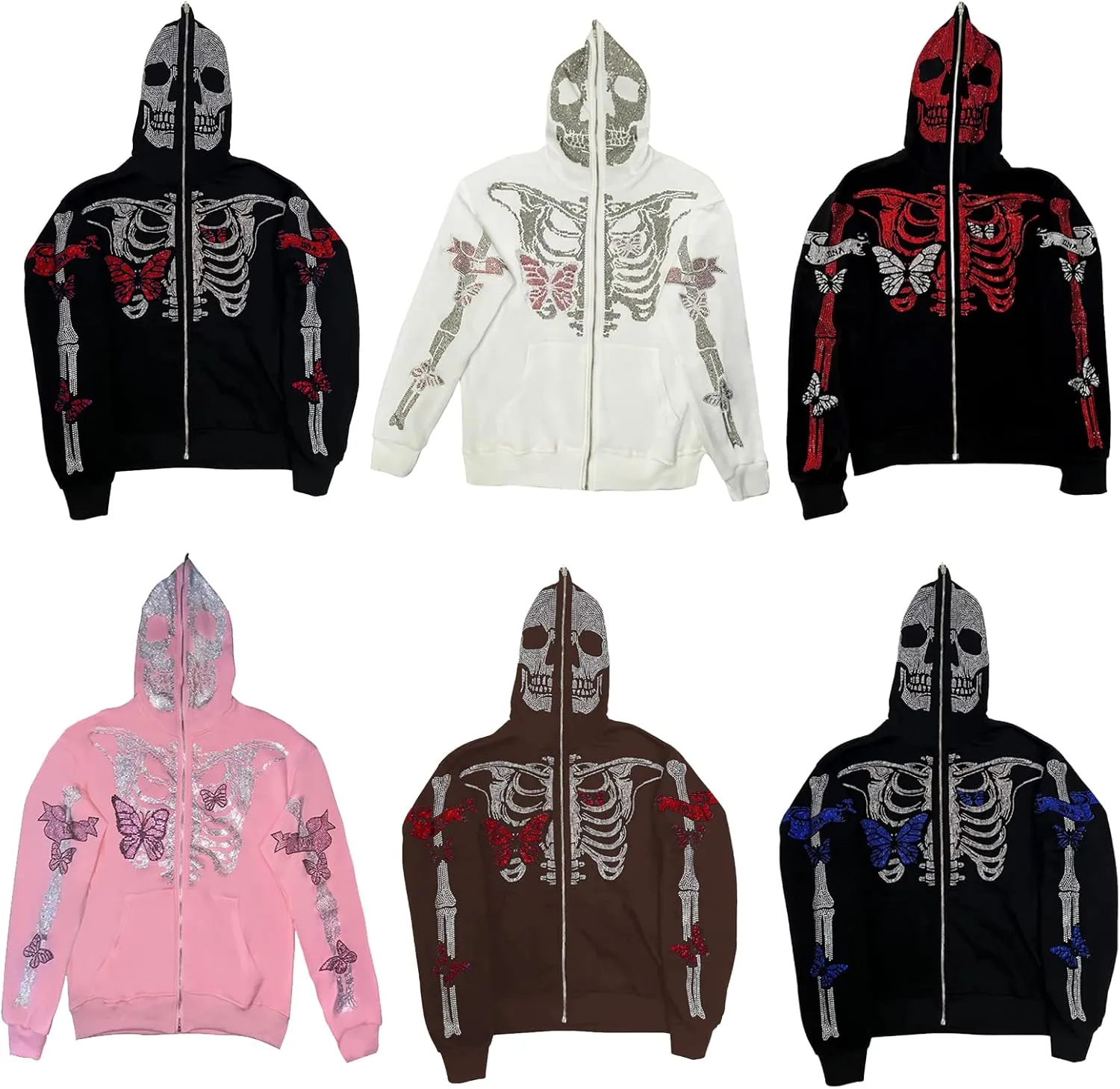 Fanvereka Men Women Over Face Rhinestone Full Zip Up Hoodie Halloween Costumes Y2k Graphic Hooded Streetwear Jacket Shirt