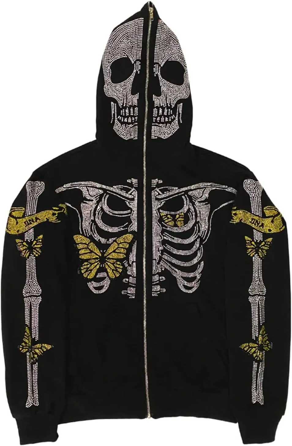 Fanvereka Men Women Over Face Rhinestone Full Zip Up Hoodie Halloween Costumes Y2k Graphic Hooded Streetwear Jacket Shirt