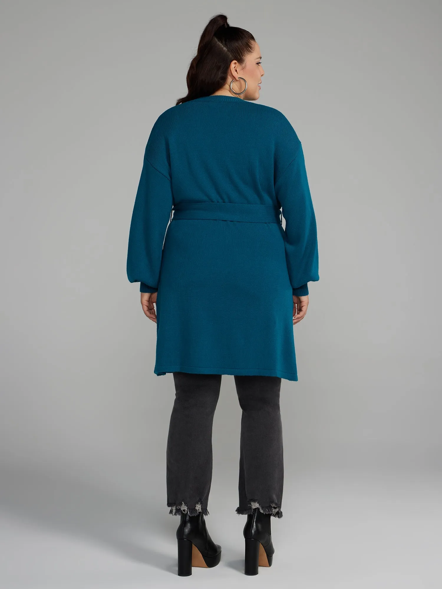 Fashion To Figure - Belted Long Cardigan with Lantern Sleeves