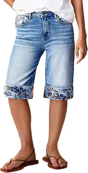 Flamingals Bermuda Shorts for Women Knee Length Mid Rise Embroidery Roll Hem Denim Shorts Trendy Casual Summer Jorts