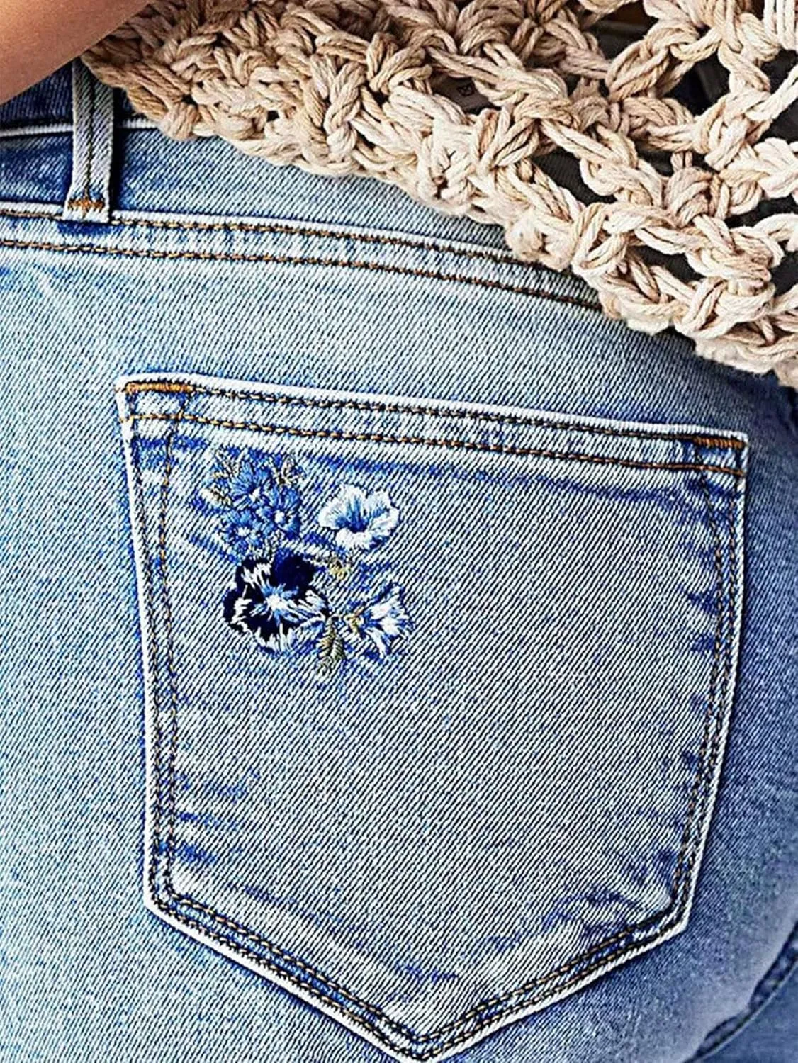 Flamingals Bermuda Shorts for Women Knee Length Mid Rise Embroidery Roll Hem Denim Shorts Trendy Casual Summer Jorts