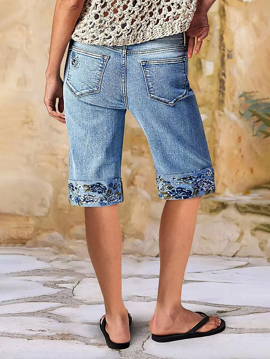 Flamingals Bermuda Shorts for Women Knee Length Mid Rise Embroidery Roll Hem Denim Shorts Trendy Casual Summer Jorts