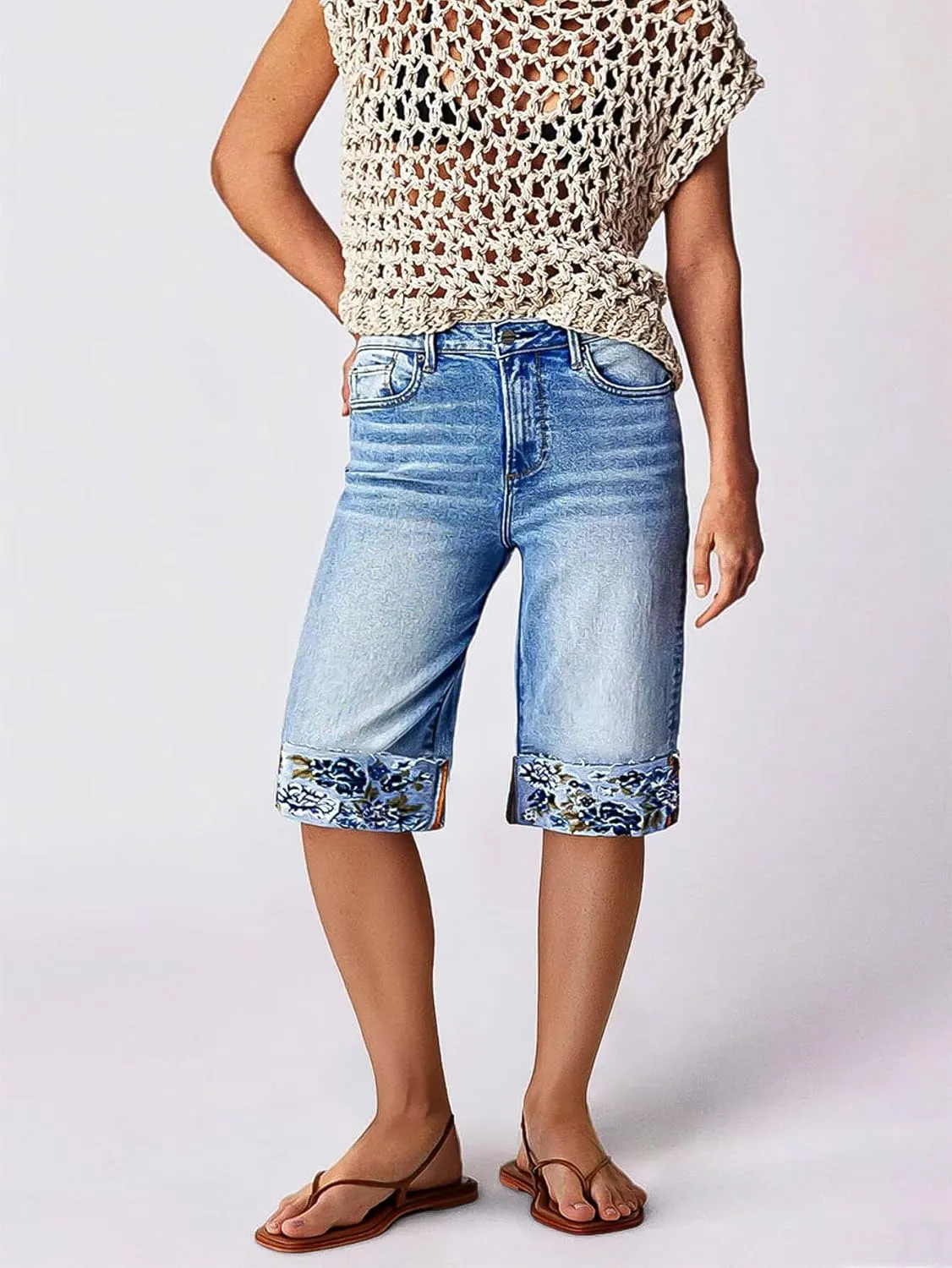 Flamingals Bermuda Shorts for Women Knee Length Mid Rise Embroidery Roll Hem Denim Shorts Trendy Casual Summer Jorts