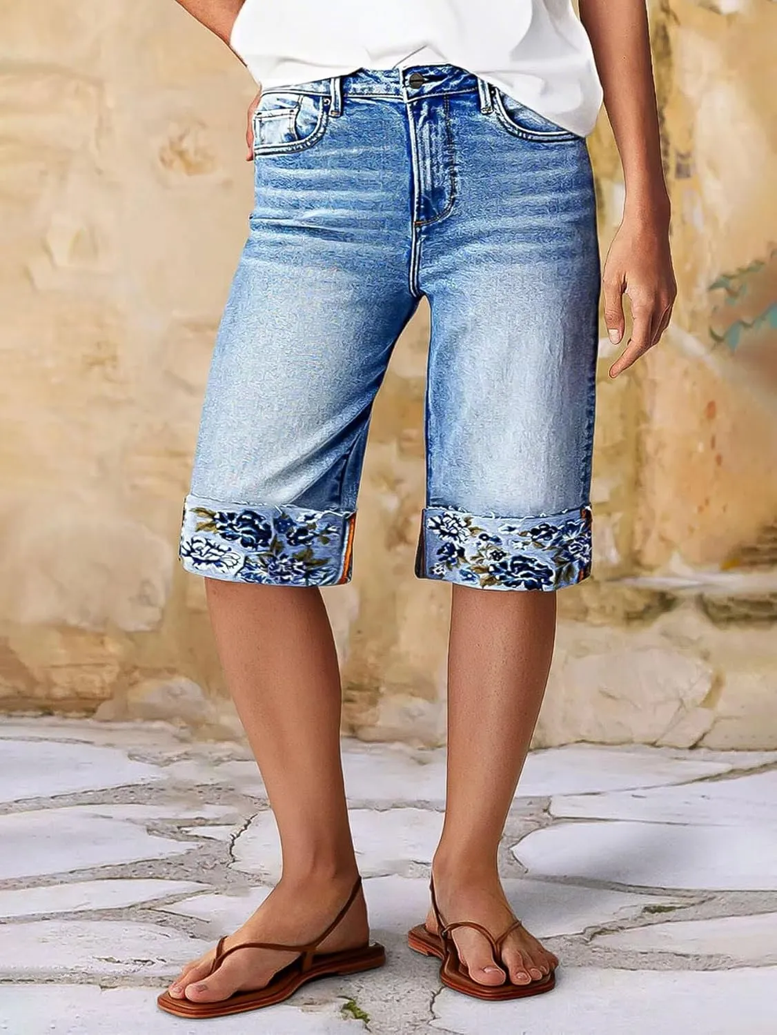 Flamingals Bermuda Shorts for Women Knee Length Mid Rise Embroidery Roll Hem Denim Shorts Trendy Casual Summer Jorts