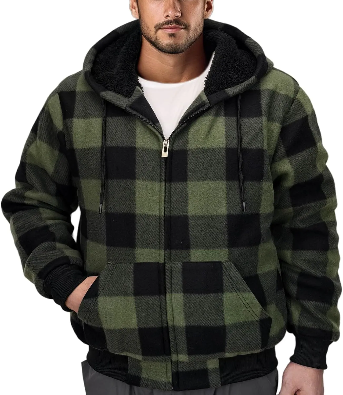 Flannel Plaid Mens Hoodies Soft Warm Sherpa Fleece Lined Full Zip Up Heavyweight Thick Sweatshirt