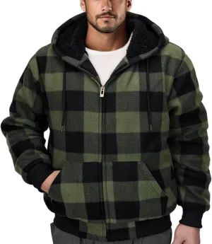 Flannel Plaid Mens Hoodies Soft Warm Sherpa Fleece Lined Full Zip Up Heavyweight Thick Sweatshirt