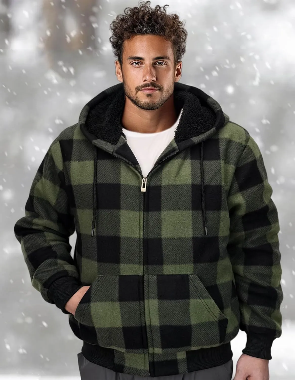 Flannel Plaid Mens Hoodies Soft Warm Sherpa Fleece Lined Full Zip Up Heavyweight Thick Sweatshirt