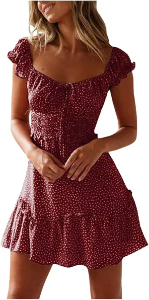 Floral Dress for Women Summer Ruffle Sleeve Sweetheart Neckline Mini Dresses Casual Cute Tie Front Boho Short Dress