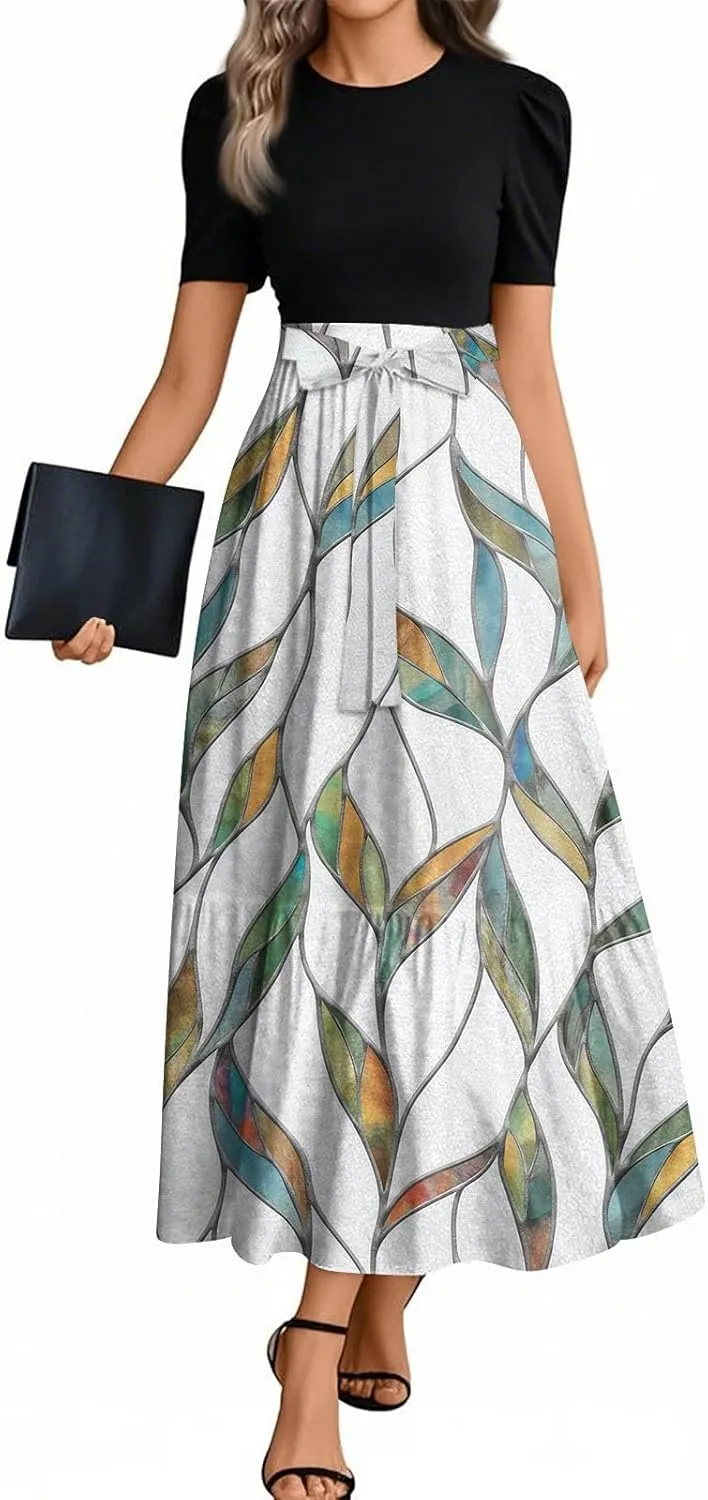 Floral Long Dresses for Women Summer Elegant Tie Patchwork Dress Empire Waist Short Sleeve Modest Flowy Maxi Dress