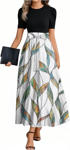 Floral Long Dresses for Women Summer Elegant Tie Patchwork Dress Empire Waist Short Sleeve Modest Flowy Maxi Dress