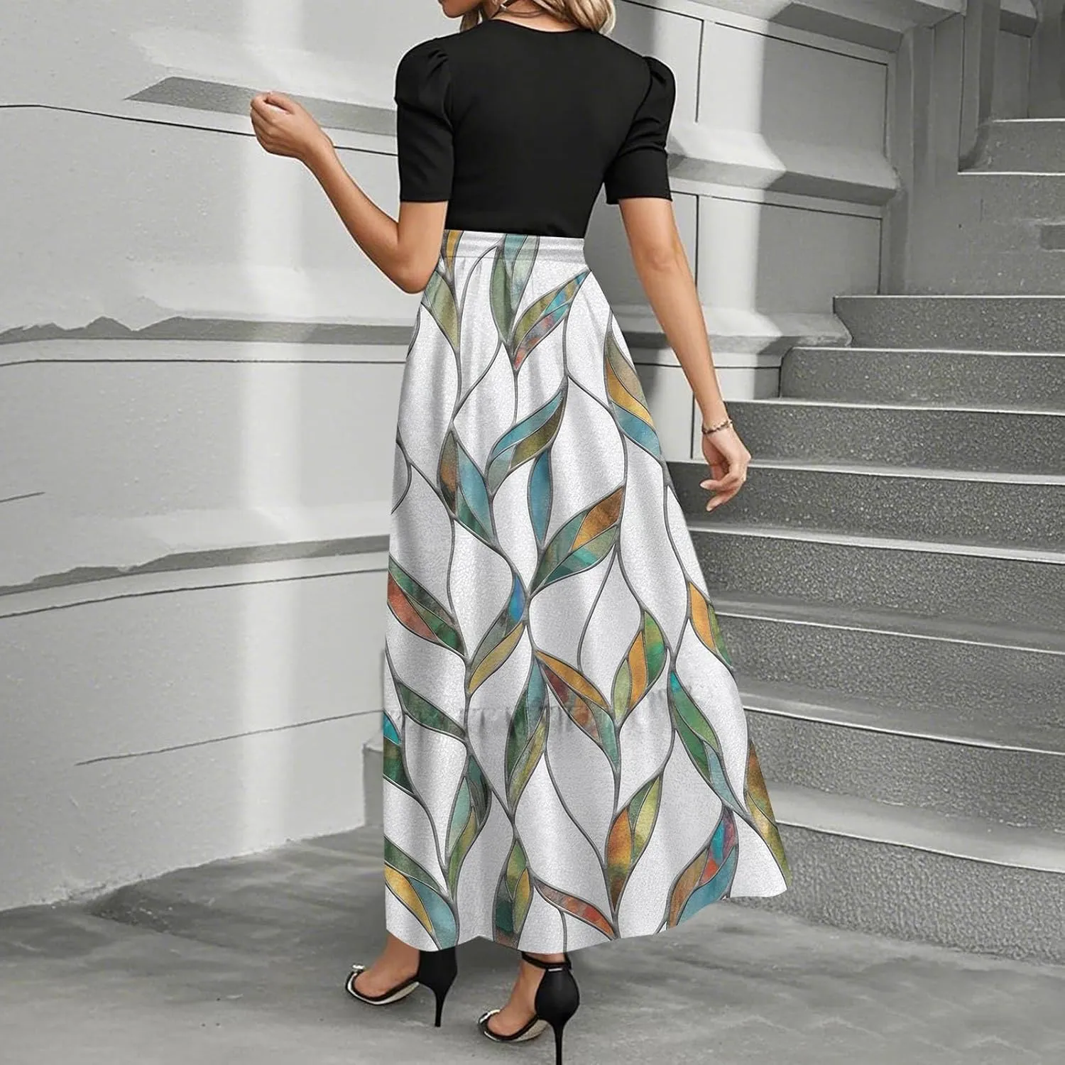 Floral Long Dresses for Women Summer Elegant Tie Patchwork Dress Empire Waist Short Sleeve Modest Flowy Maxi Dress