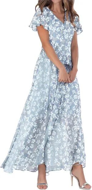 Floral Maxi Dresses for Women 2024 Casual Short Ruffle Sleeve V Neck Boho Dress Ruffle Hem Flowy Dress