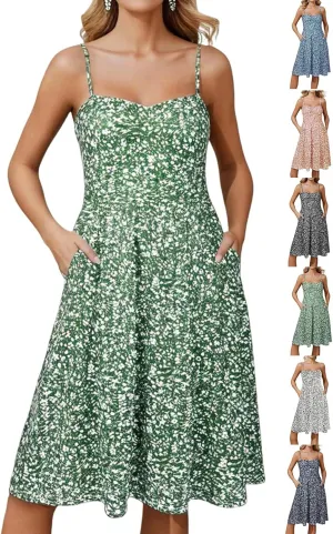 Floral Summer Dress for Women Vintage Casual Spaghetti Strap Knee Length Dress Beach Vacation Flowy Boho Sundress