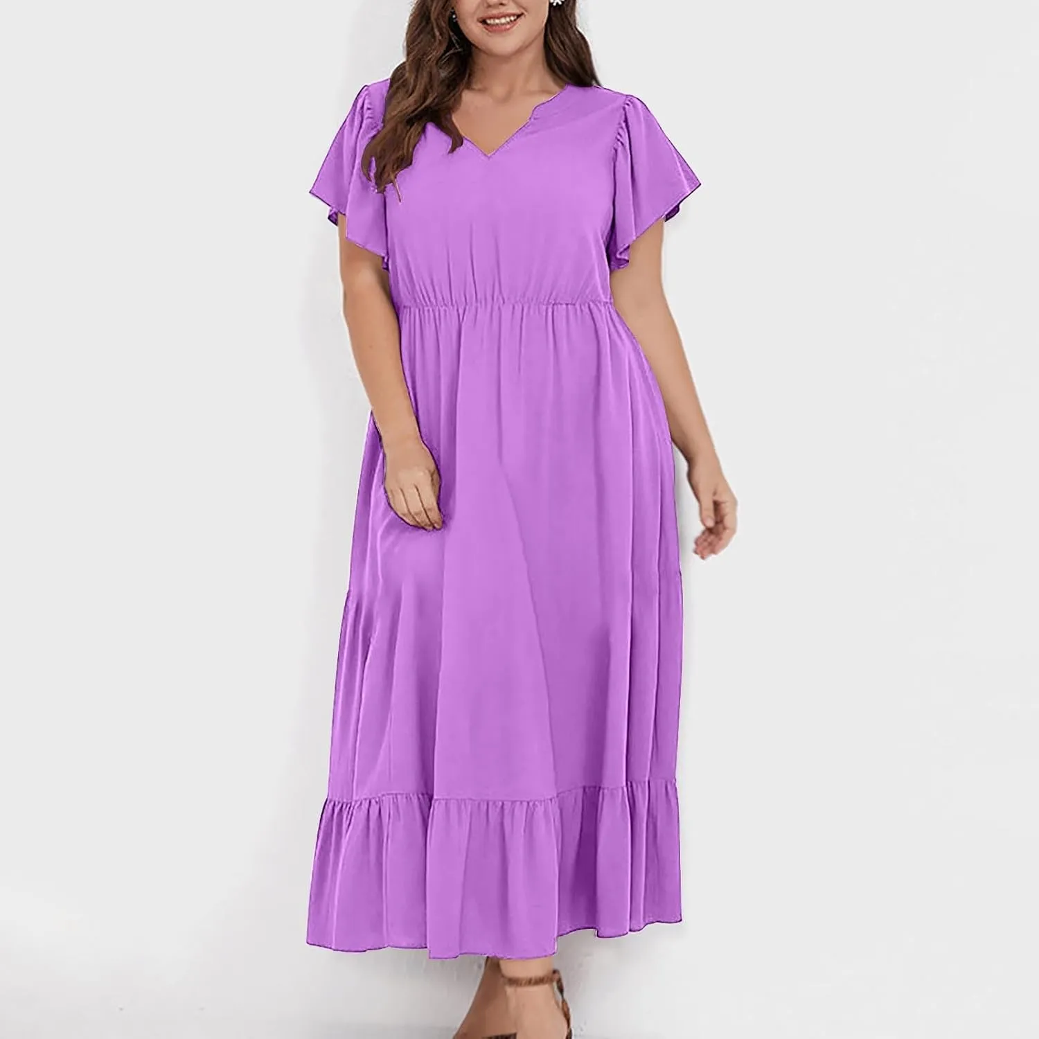 Flowy Dresses for Women V Neck Cinch Waist Ruffle Short Sleeve Dress Trendy Summer Layered Tiered A Line Sundress