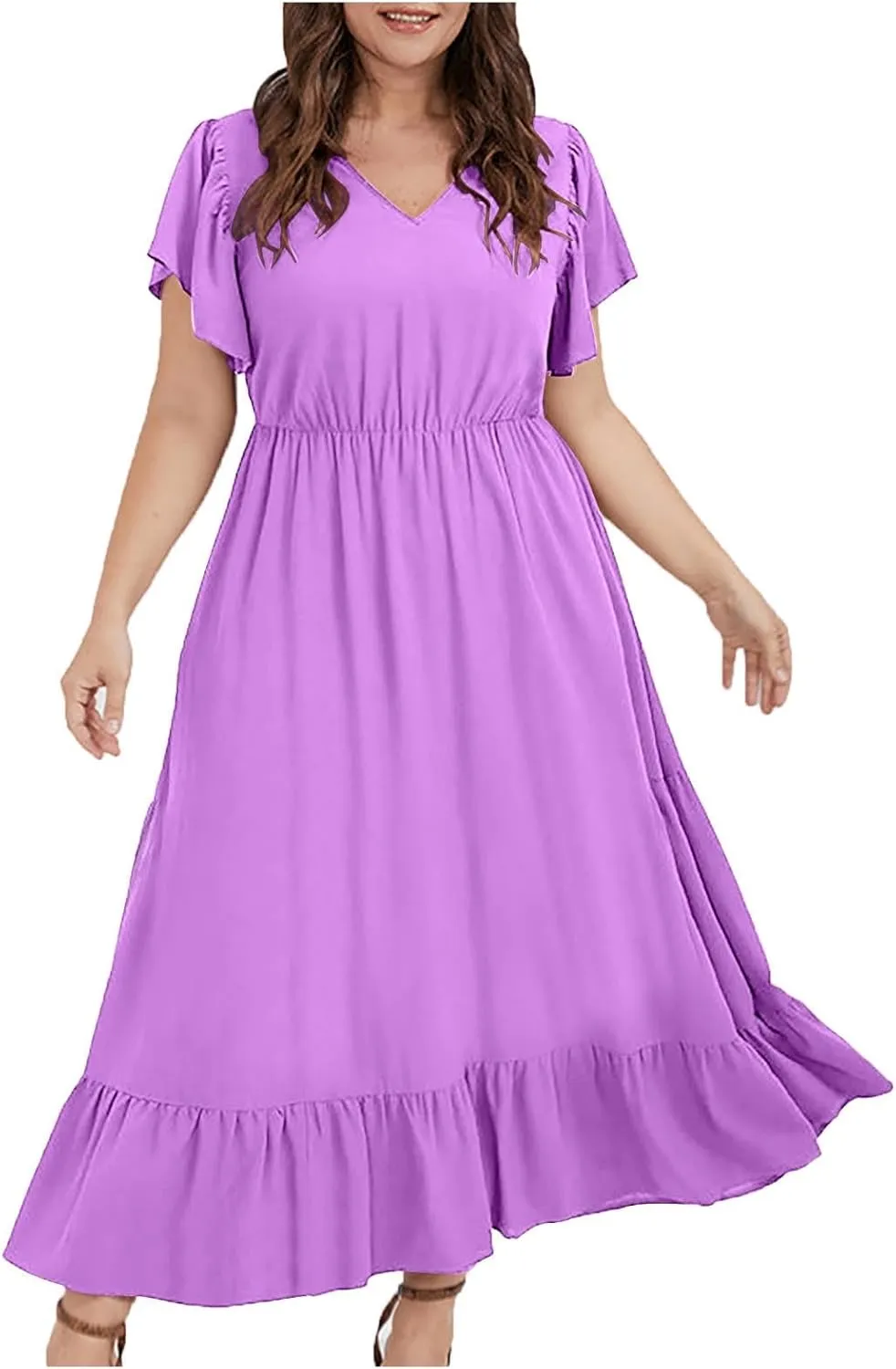 Flowy Dresses for Women V Neck Cinch Waist Ruffle Short Sleeve Dress Trendy Summer Layered Tiered A Line Sundress