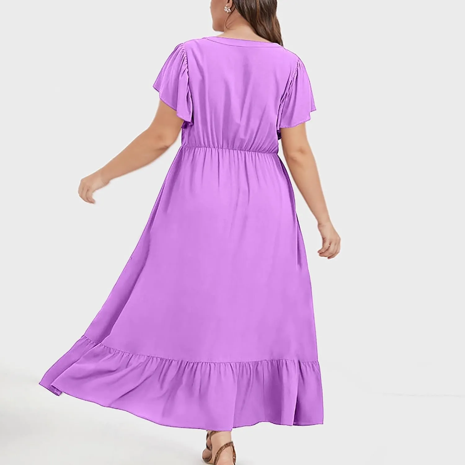 Flowy Dresses for Women V Neck Cinch Waist Ruffle Short Sleeve Dress Trendy Summer Layered Tiered A Line Sundress