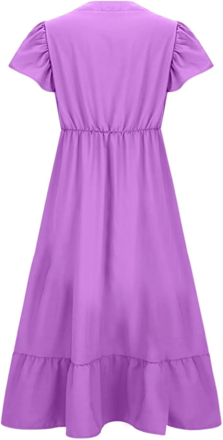 Flowy Dresses for Women V Neck Cinch Waist Ruffle Short Sleeve Dress Trendy Summer Layered Tiered A Line Sundress
