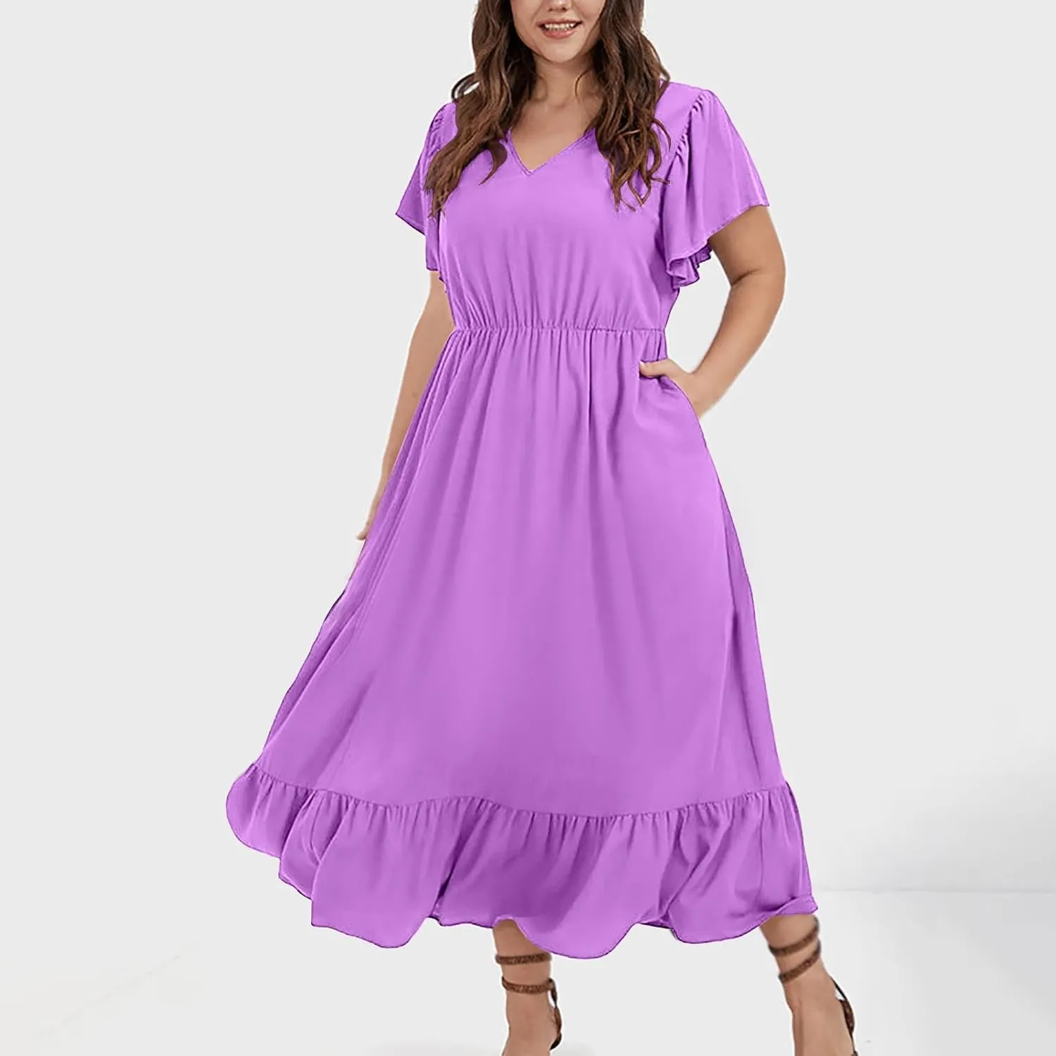 Flowy Dresses for Women V Neck Cinch Waist Ruffle Short Sleeve Dress Trendy Summer Layered Tiered A Line Sundress