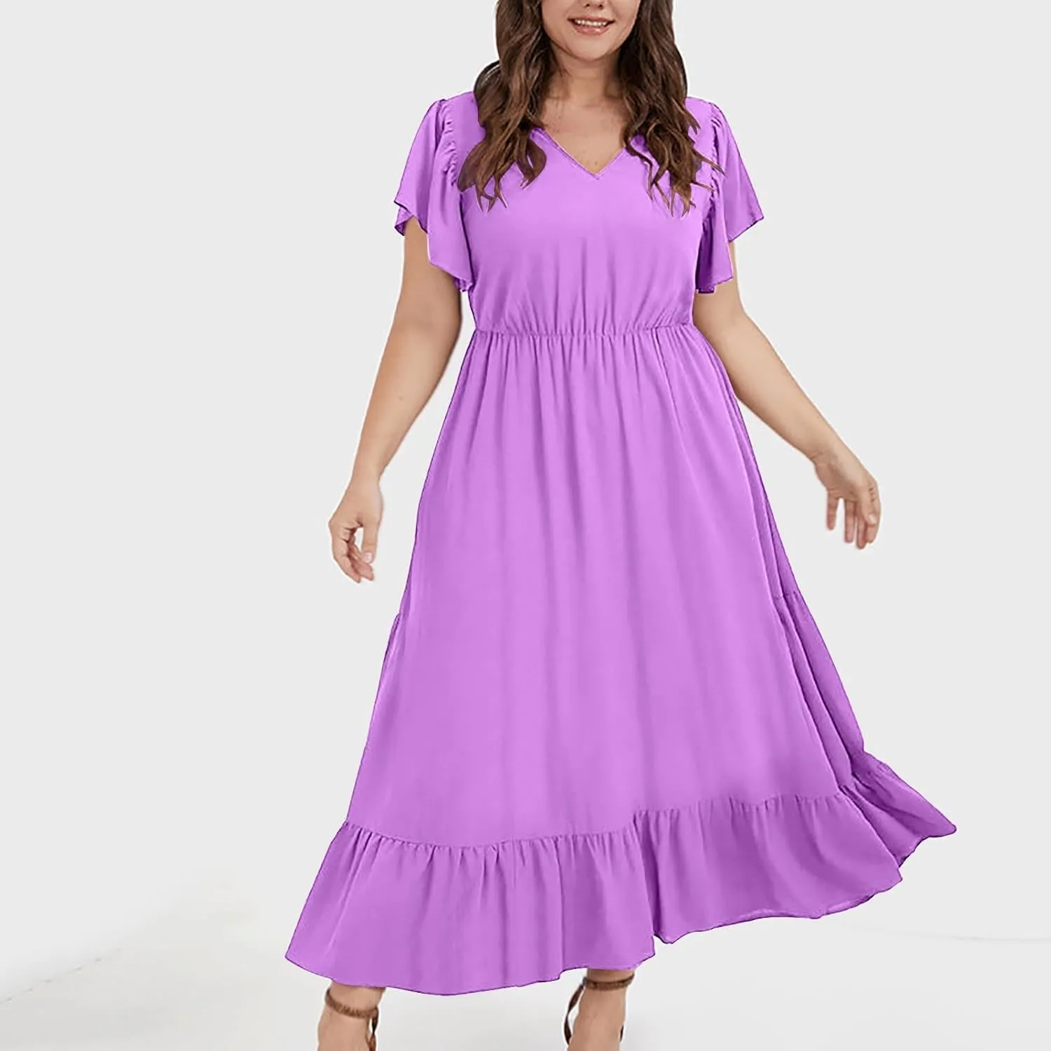 Flowy Dresses for Women V Neck Cinch Waist Ruffle Short Sleeve Dress Trendy Summer Layered Tiered A Line Sundress