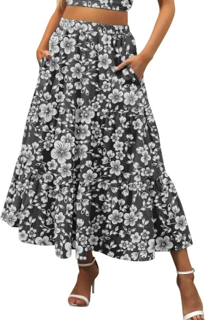 Flowy Pleated Maxi Midi Skirts for Women Casual Summer Boho Maxi Skirt Solid Color High Waisted Swing Tiered A-Line Skirt