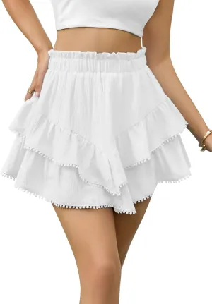 Flowy Shorts for Women Casual Boho Skorts Floral Ruffle Tiered High Waist Flared Mini Skirts Tennis Golf Shorts