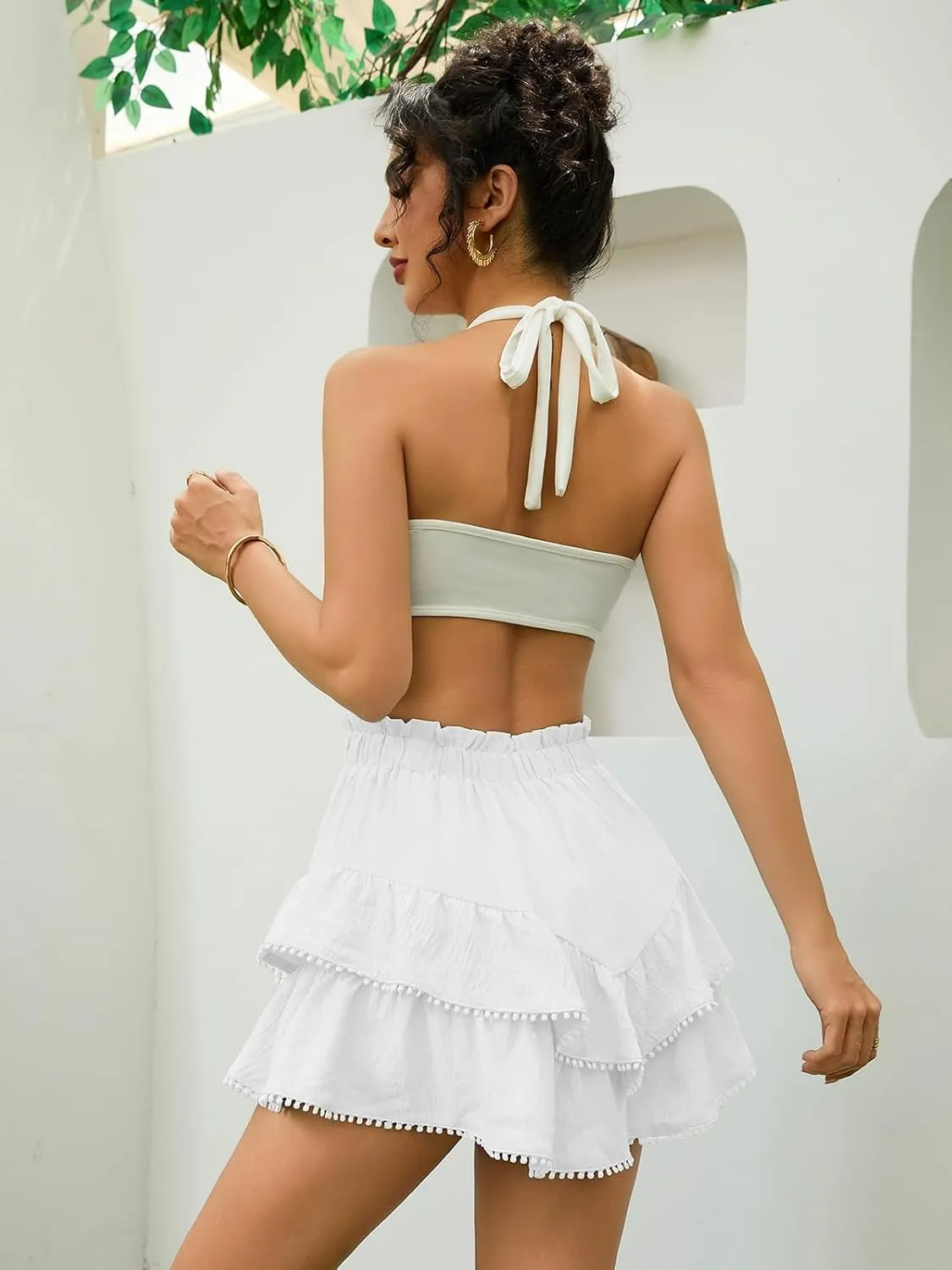 Flowy Shorts for Women Casual Boho Skorts Floral Ruffle Tiered High Waist Flared Mini Skirts Tennis Golf Shorts