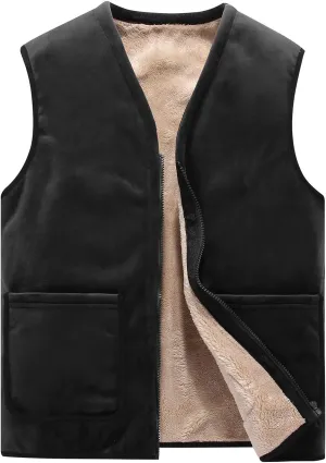 Flygo Mens Winter Sherpa Fleece Lined Vest Sleeveless Zip Up Warm Outdoor Travel Vest Jacket