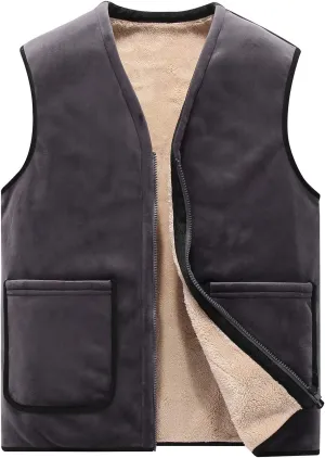 Flygo Mens Winter Sherpa Fleece Lined Vest Sleeveless Zip Up Warm Outdoor Travel Vest Jacket