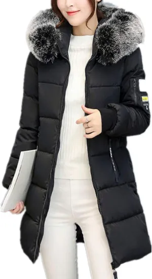 Flygo Women's Winter Mid Puffy Down Jacket Parka Coats with Fur Hooded Windproof Puffer Coat