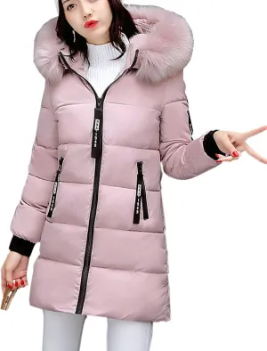 Flygo Women's Winter Mid Puffy Down Jacket Parka Coats with Fur Hooded Windproof Puffer Coat