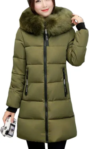 Flygo Women's Winter Mid Puffy Down Jacket Parka Coats with Fur Hooded Windproof Puffer Coat