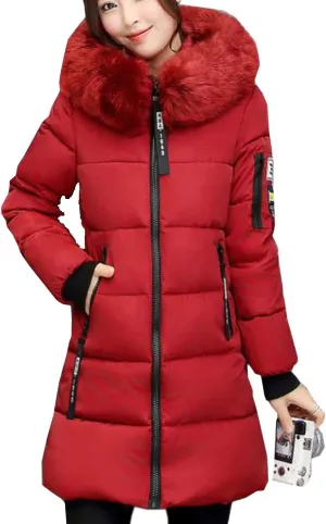 Flygo Women's Winter Mid Puffy Down Jacket Parka Coats with Fur Hooded Windproof Puffer Coat