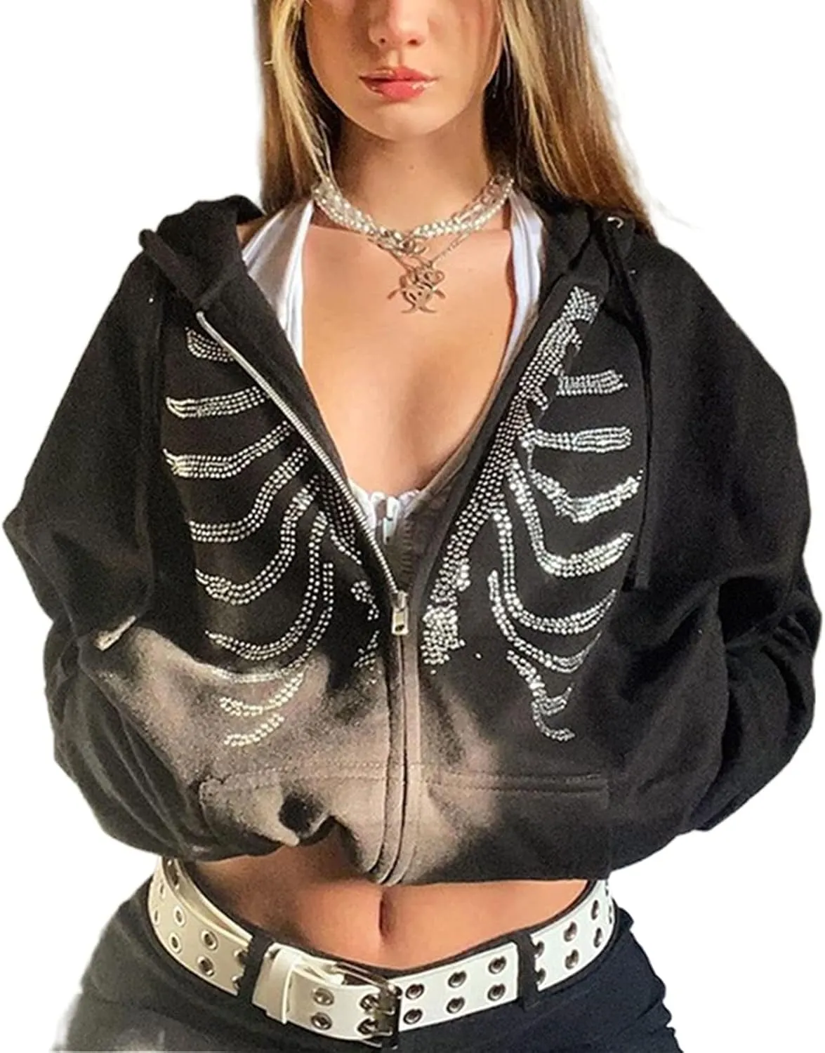 FOMOYUU Women Oversized Zip Up Hoodie Vintage Graphic Print Long Sleeve Hooded Sweatshirt Goth Punk Pullover Jacket Coat