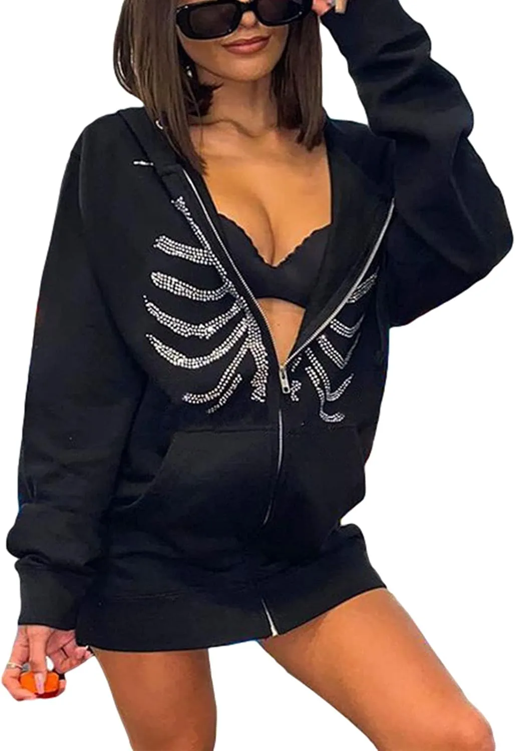 FOMOYUU Women Oversized Zip Up Hoodie Vintage Graphic Print Long Sleeve Hooded Sweatshirt Goth Punk Pullover Jacket Coat