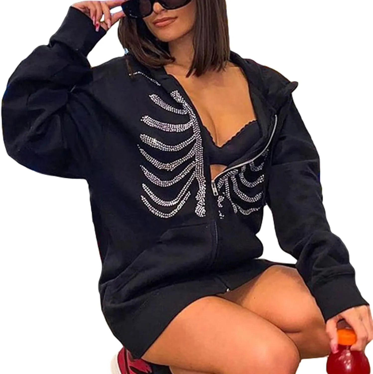 FOMOYUU Women Oversized Zip Up Hoodie Vintage Graphic Print Long Sleeve Hooded Sweatshirt Goth Punk Pullover Jacket Coat
