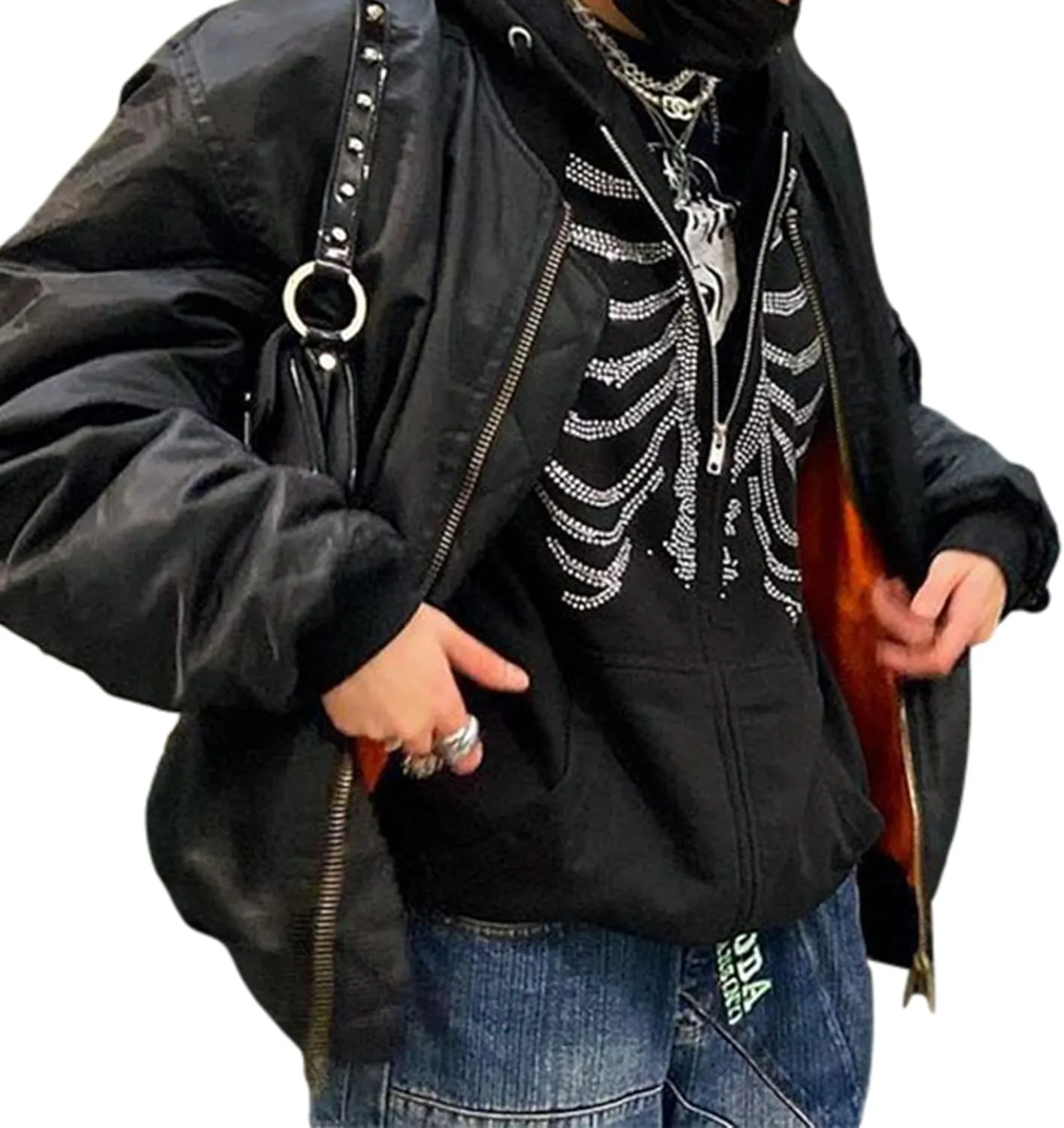 FOMOYUU Women Oversized Zip Up Hoodie Vintage Graphic Print Long Sleeve Hooded Sweatshirt Goth Punk Pullover Jacket Coat