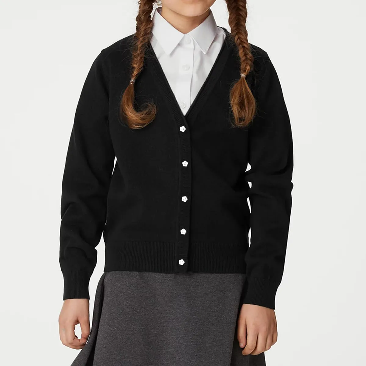 Girls' Cardigan Sweater [Cute Petal Buttons] Cotton Long Sleeve Crewneck Uniform Sweater for 5-14 Years Girls