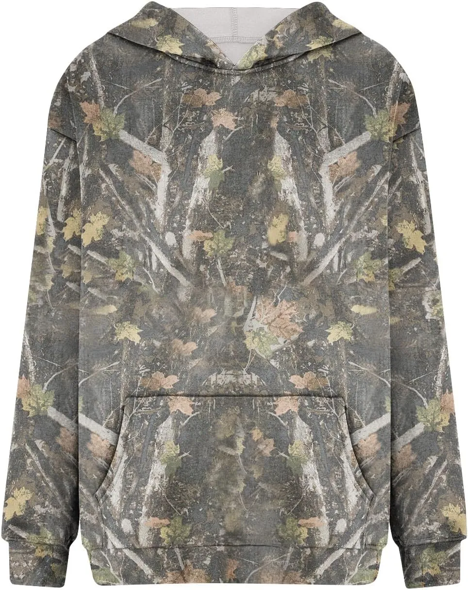 GOFULY Camo Hoodie Womens Fall Oversized Sweatshirt Maple Leaf Print Drawstring Trendy Camo Shirt Clothes With Pockets
