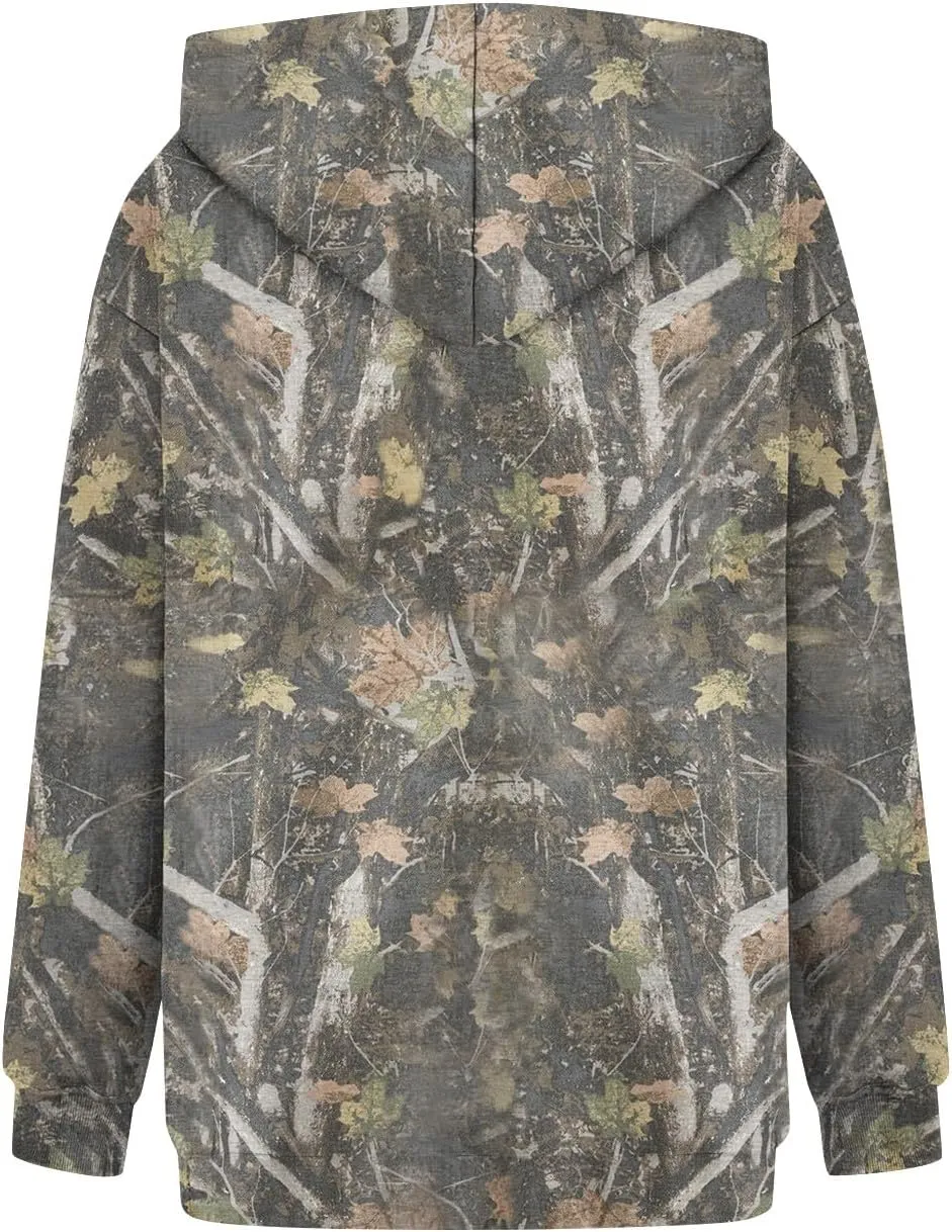GOFULY Camo Hoodie Womens Fall Oversized Sweatshirt Maple Leaf Print Drawstring Trendy Camo Shirt Clothes With Pockets