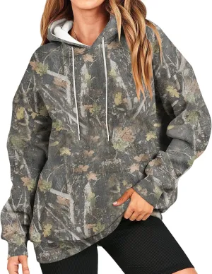 GOFULY Camo Hoodie Womens Fall Oversized Sweatshirt Maple Leaf Print Drawstring Trendy Camo Shirt Clothes With Pockets