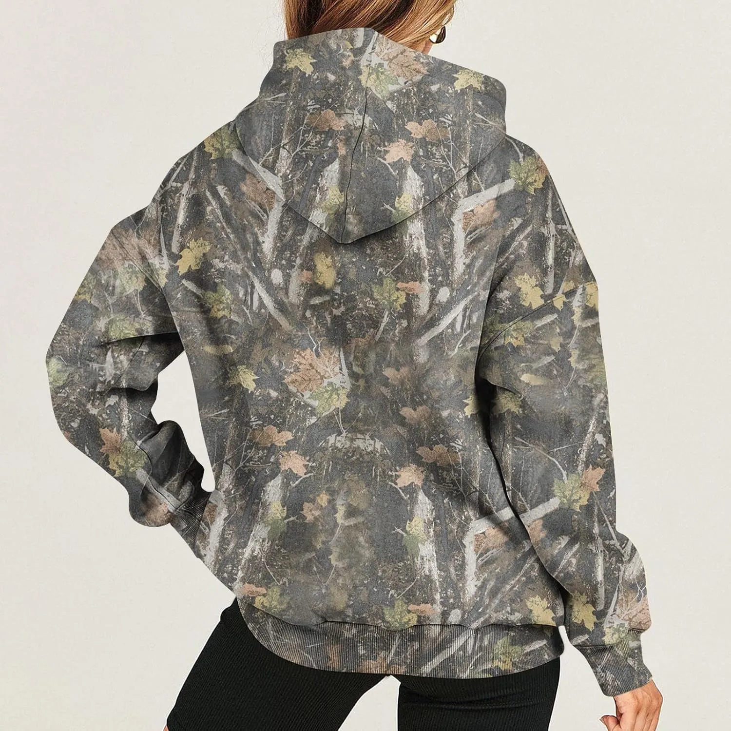 GOFULY Camo Hoodie Womens Fall Oversized Sweatshirt Maple Leaf Print Drawstring Trendy Camo Shirt Clothes With Pockets
