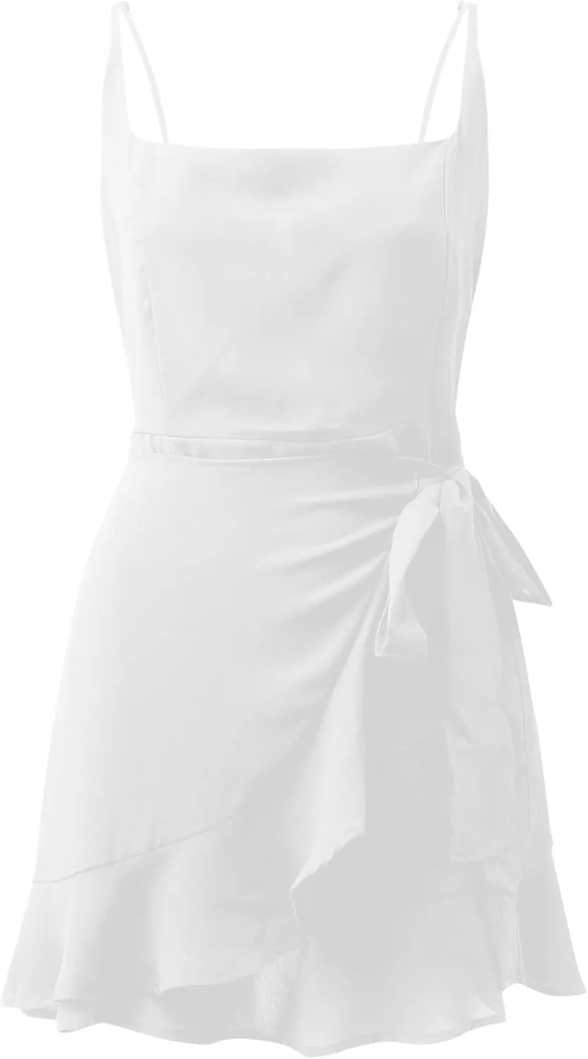 GOKKILRW Womens Summer Dress Square Neck Ruffle Hem Pleated Tie Front Adjustable Spaghetti Strap Sleeveless Mini Dresses