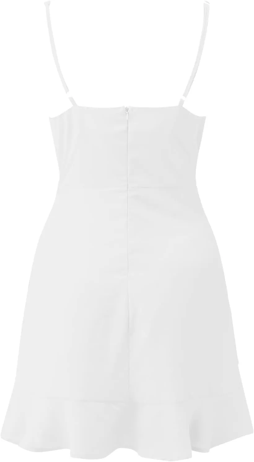 GOKKILRW Womens Summer Dress Square Neck Ruffle Hem Pleated Tie Front Adjustable Spaghetti Strap Sleeveless Mini Dresses