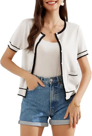 GRACE KARIN Short Sleeve Contrast Cardigan Sweaters for Women Summer Casual Striped Button Down Bolero Shrug