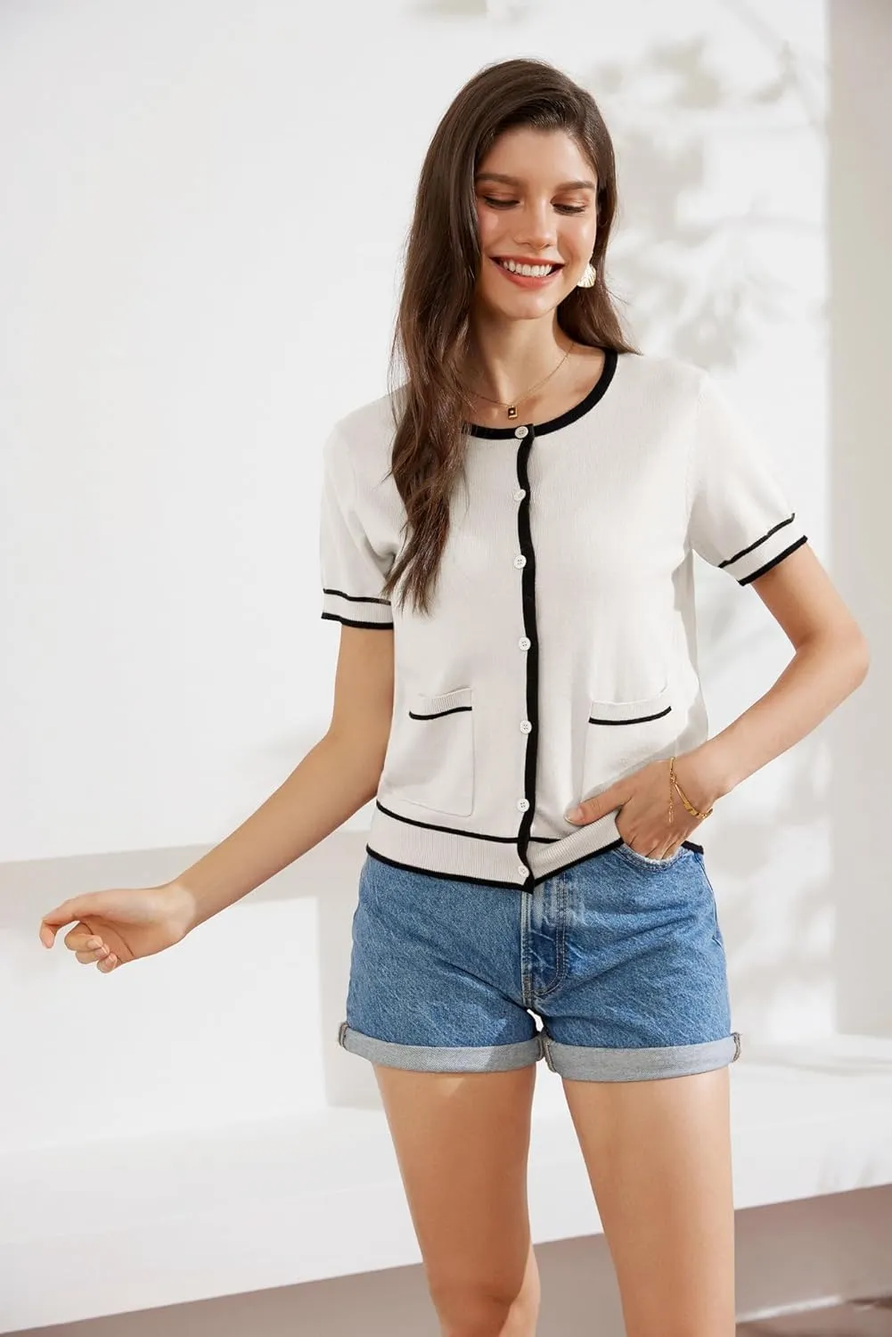 GRACE KARIN Short Sleeve Contrast Cardigan Sweaters for Women Summer Casual Striped Button Down Bolero Shrug