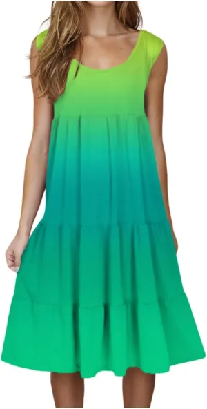 Gradient Color Summer Dresses for Women Flowy Beach Ruffle Dress Sleeveless Trendy Sundress 2025 Resort Wear