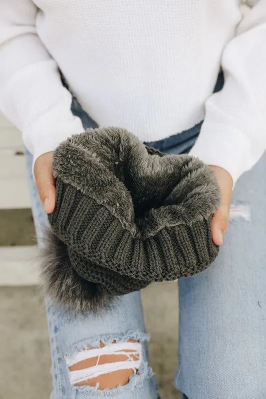 Grey Pom Beanie Sherpa Lined