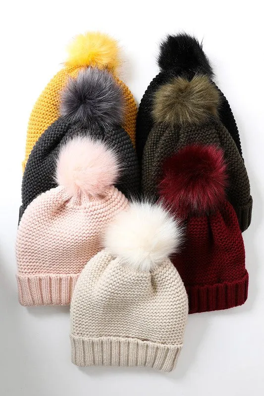Grey Pom Beanie Sherpa Lined